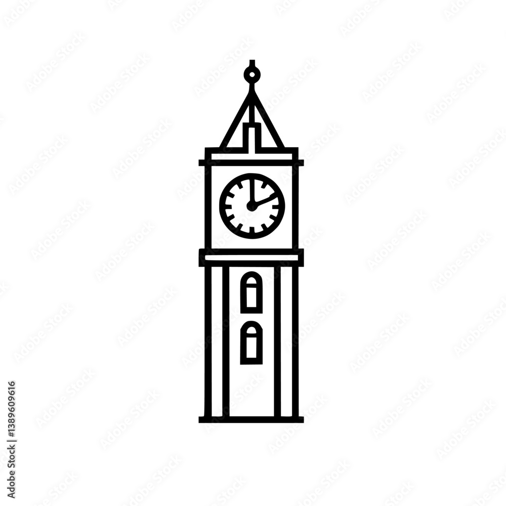 Poster minimalist vector line icons showcasing a tall clock tower with a round clock face and intricate arc