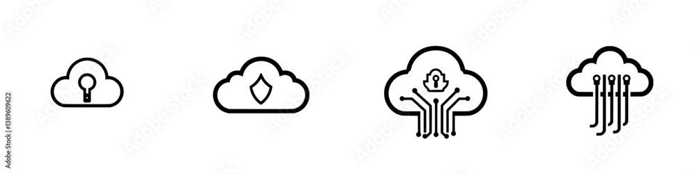 Poster collection of minimalist vector line icons representing cloud technology and digital concepts for de