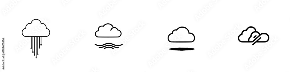 Poster minimalist vector line icons representing various weather conditions including rain, clouds, and fog