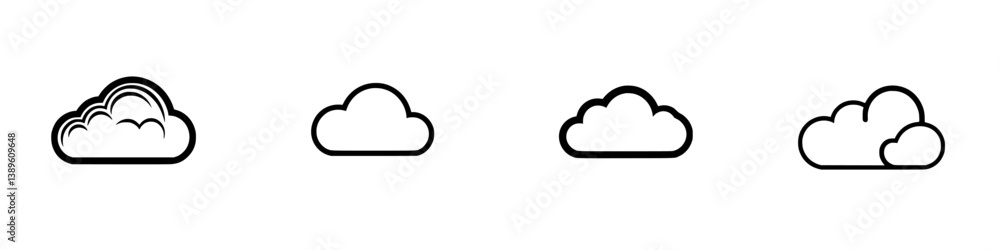 Poster set of four minimalist line icons depicting various cloud styles for modern design projects