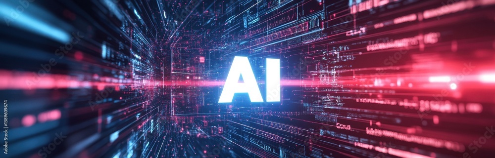 Fototapete Dynamic Ai Core Concept in Blurred Blue and Red Abstract Background with Data Stream Visualization of Machine Learning Network Digital Future Innovation