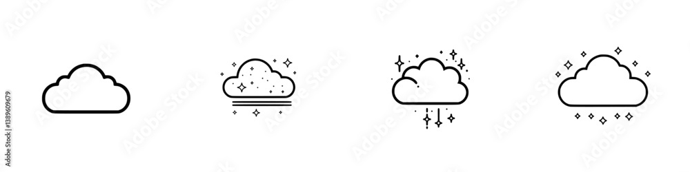 Poster collection of minimalist line icons representing various styles of clouds in a simple and elegant de