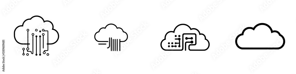 Poster minimalist vector line icons depicting various cloud computing concepts for digital illustration and