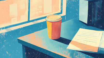 Failed venture stories echo personal loss. capture a disordered workspace with a cold coffee cup, symbolizing moments of uncertainty and introspection. Echoing Loss. Illustration