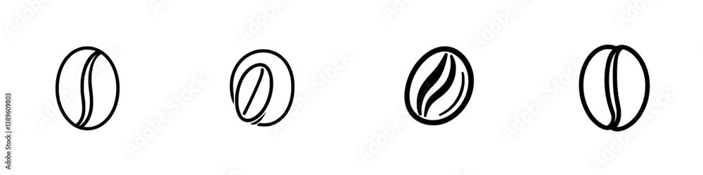 Poster set of four minimalist line icons representing coffee beans in a simplistic style for graphic design
