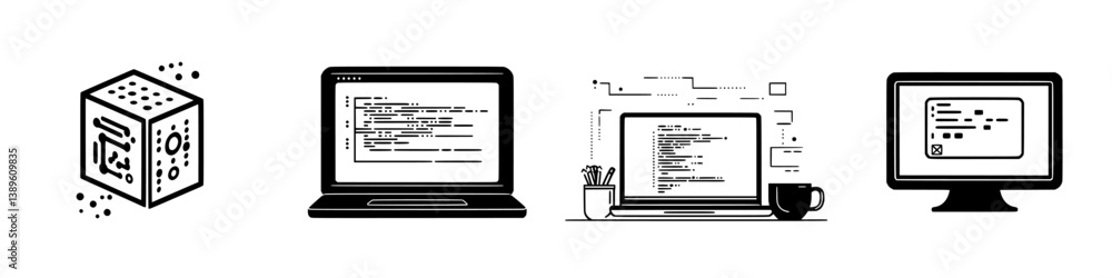 Poster collection of minimalist line vector icons showcasing technology and coding concepts in a modern des