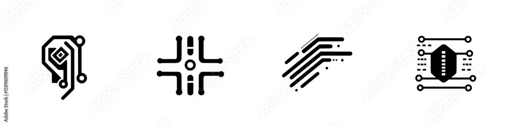 Poster set of minimalist line icons depicting technology and digital design elements in a sleek, modern sty