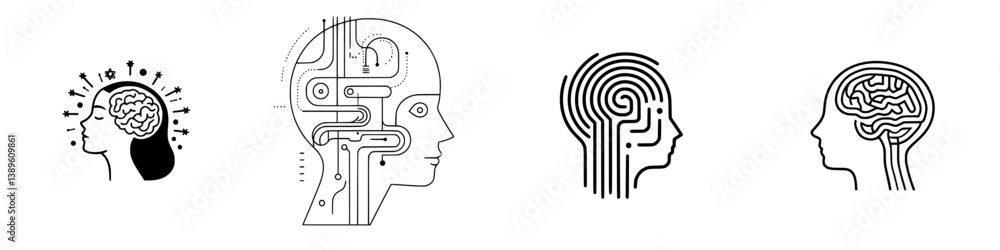 Poster collection of minimalist line icons representing brain concepts and patterns for creative digital pr