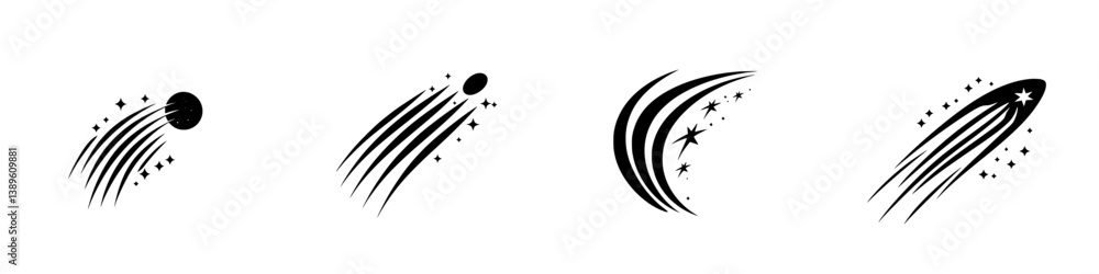 Poster vector minimalist line icons depicting various comet and shooting star designs for creative projects