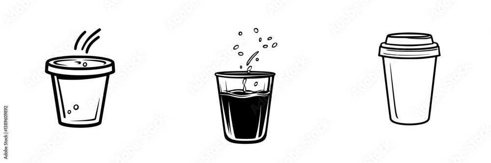 Poster collection of minimalist line icons representing beverage containers and cups suitable for various d