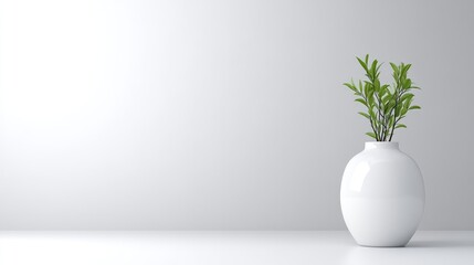 A white ceramic vase with green plant on minimalist table, soft lighting and neutral background, and modern interior decor concept.