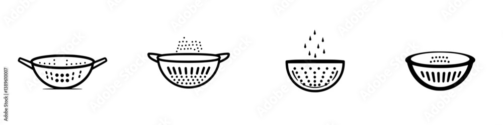 Poster vector minimalist line icons depicting various stages of using a colander for food preparation and d