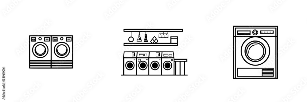 Poster minimalist vector line icons representing various types of washing machines suitable for laundry ser
