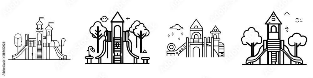 Poster set of minimalist vector line icons depicting various playground structures and play activities for 