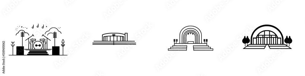 Poster minimalist line icons depicting various iconic architectural structures and performance venues in a 