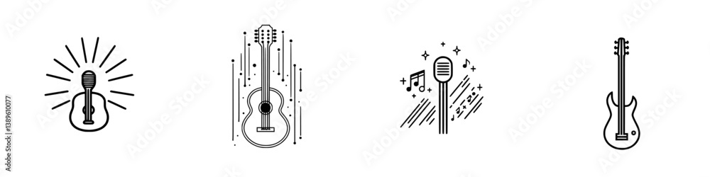 Poster vector minimalist line icons depicting musical instruments and microphone themes for creative design