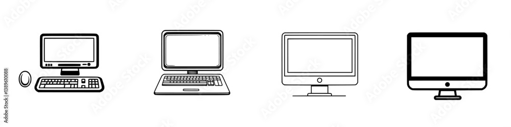 Poster collection of minimalist line icons representing various computer and desktop setups for modern digi