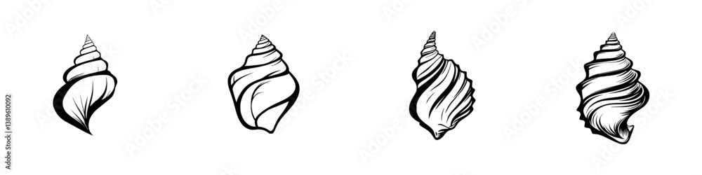 Poster collection of minimalist line icons depicting various shell designs suitable for graphic design or w