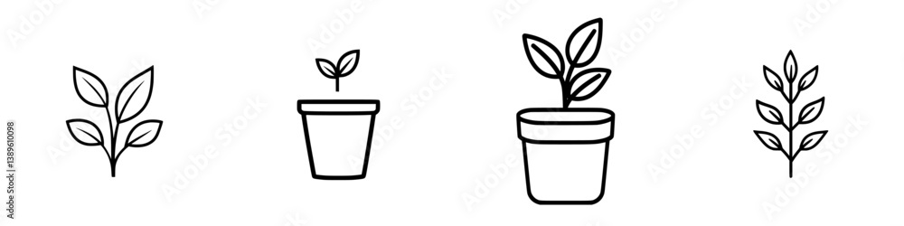Poster minimalist line icons featuring plants and pots in a simple vector design suitable for various creat