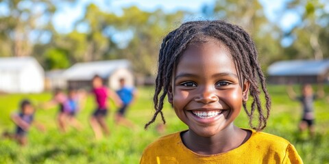 A young girl with curly hair is smiling and looking at the camera