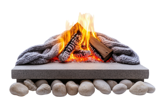 Cozy grey sweater near warm fire crackling on stone hearth bright flames and white background