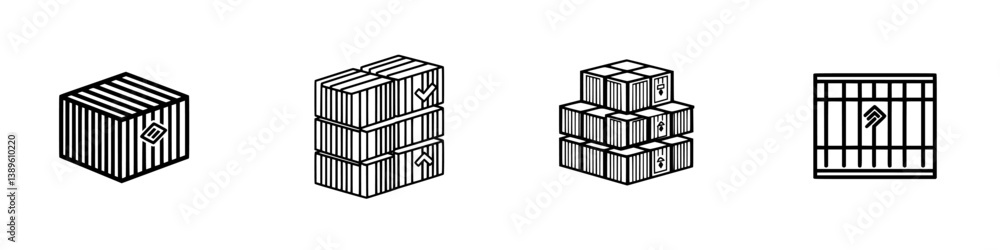 Poster Collection of vector minimalist line icons representing different types of shipping containers and packages in various shapes