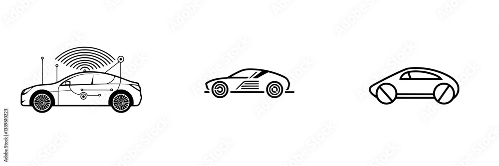Poster collection of minimalist line icons representing various car designs and features in a modern graphi