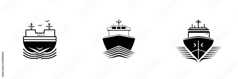 Poster collection of minimalist line icons depicting various types of ships navigating on water with simple