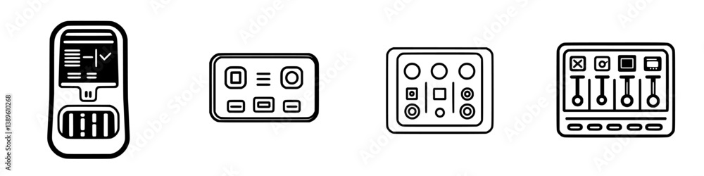 Poster set of minimalist line icons representing various electronic controls and interface elements for mod
