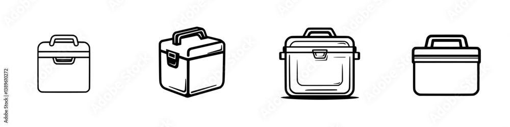 Poster collection of minimalist line icons representing various types of containers and storage solutions f
