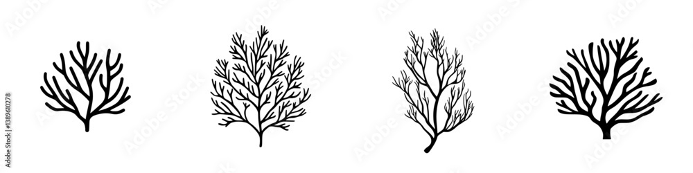 Poster collection of minimalist line icons depicting various styles of coral for design use and artistic in