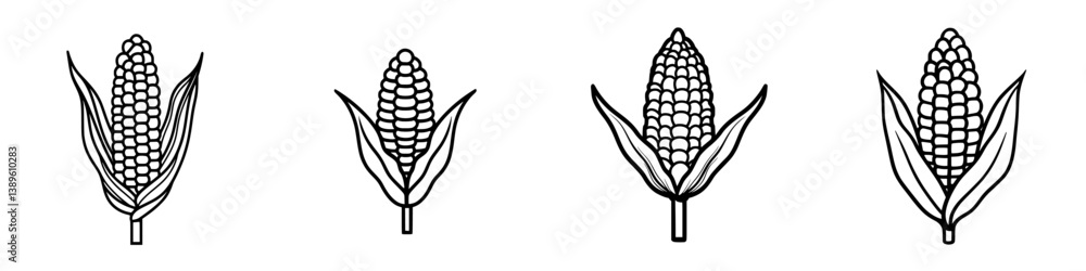 Poster set of minimalist line icons depicting corn cobs with leaves in a simple and elegant design for grap