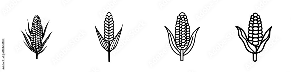 Poster Collection of minimalist vector line icons featuring different corn types in a simple design