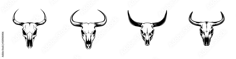 Poster set of minimalistic vector line icons showcasing various styles of bull skull designs for creative p