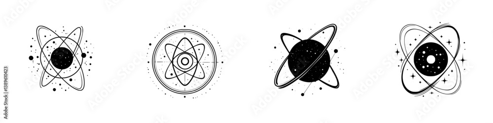 Poster collection of minimalist line icons depicting various atomic structures and celestial designs in bla