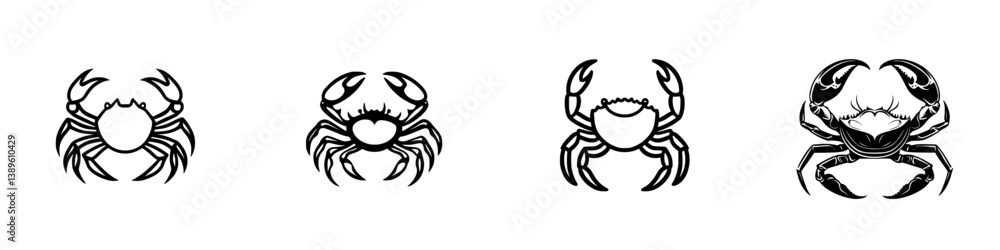 Poster set of minimalist line icons depicting various crab designs for versatile graphic use in digital and