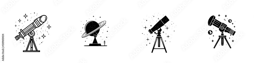 Poster set of minimalist line icons representing telescopes and planets for astronomical exploration