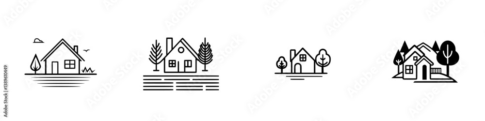 Poster collection of minimalist line icons representing various house designs and nature elements in a simp