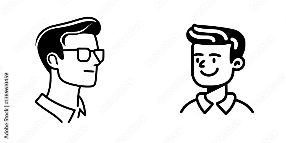 Poster set of vector minimalist line icons representing diverse male characters in different poses and expr
