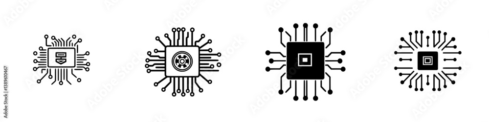Poster collection of vector minimalist line icons depicting microchips and circuit designs for technology t