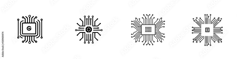 Poster minimalist vector line icons showcasing various microchip designs representing technology and innova