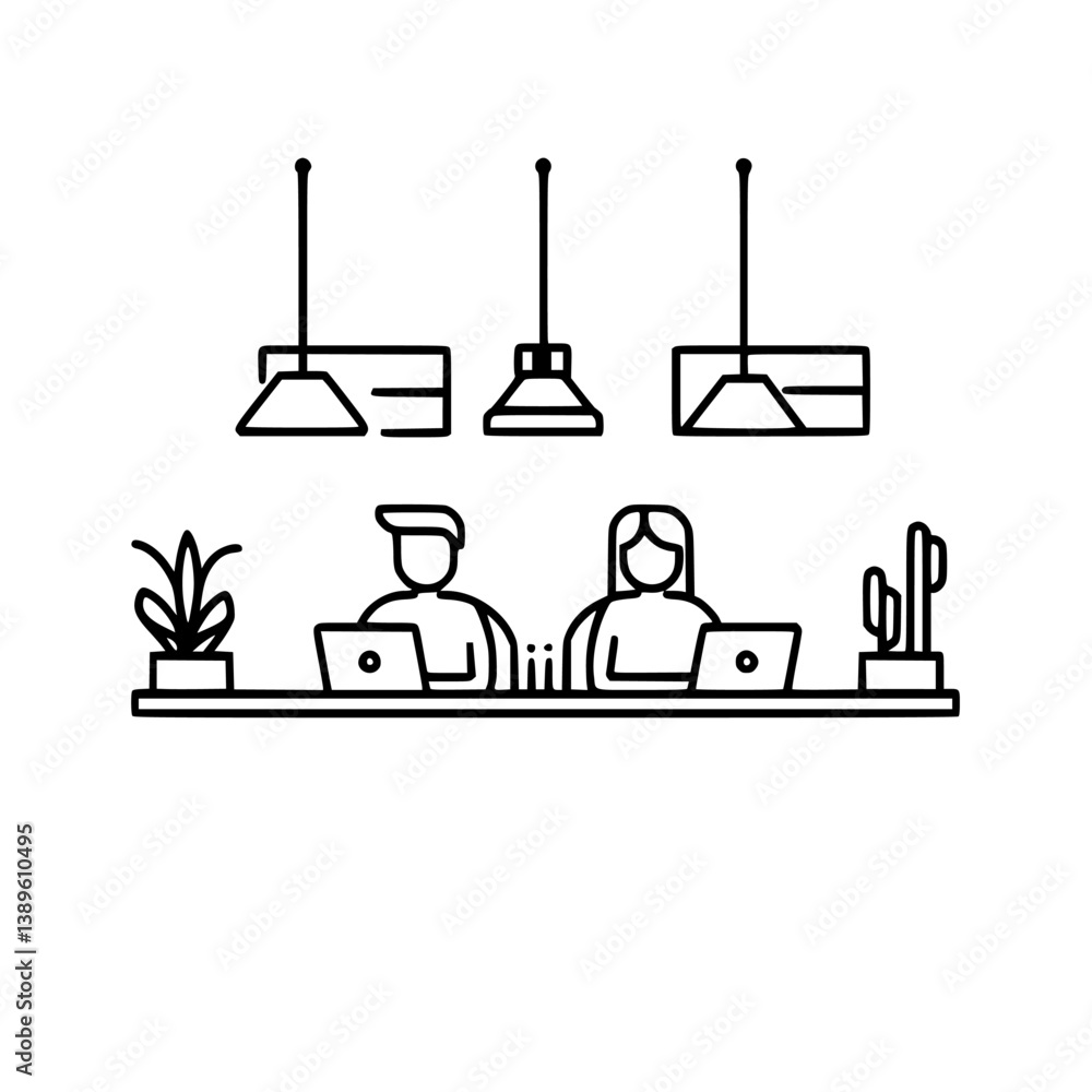 Poster minimalist line icons depicting a workspace with two people using laptops in a modern office setting