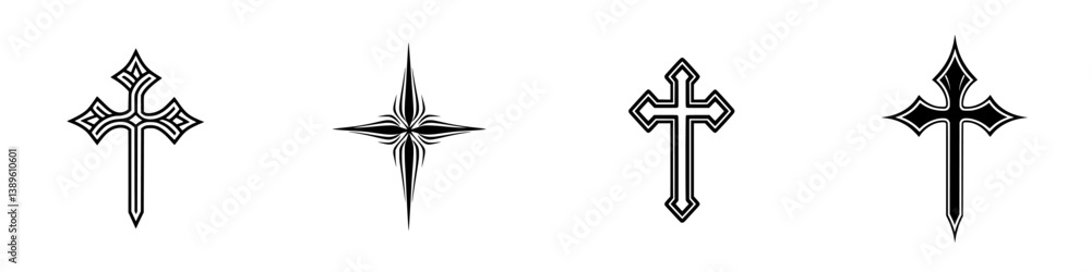 Poster set of vector minimalist line icons featuring various cross designs that illustrate unique artistic 