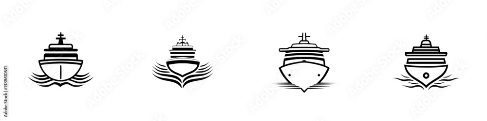 Poster collection of minimalist line icons representing different views of a cruise ship in vector format f