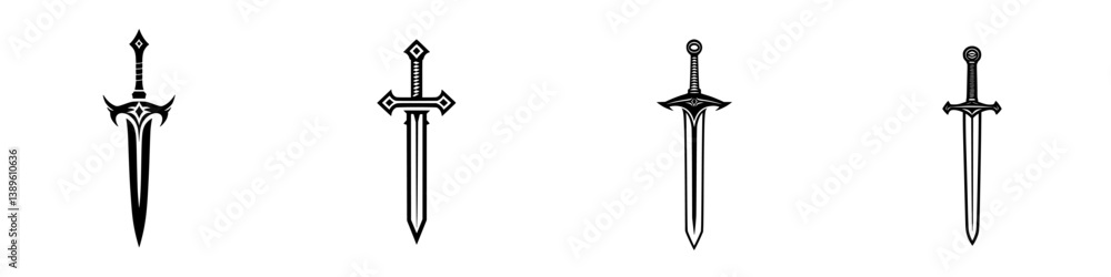 Poster minimalist vector line icons featuring a set of elegant sword designs for creative projects and bran