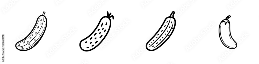 Poster collection of minimalist vector line icons depicting various cucumbers in different styles and sizes