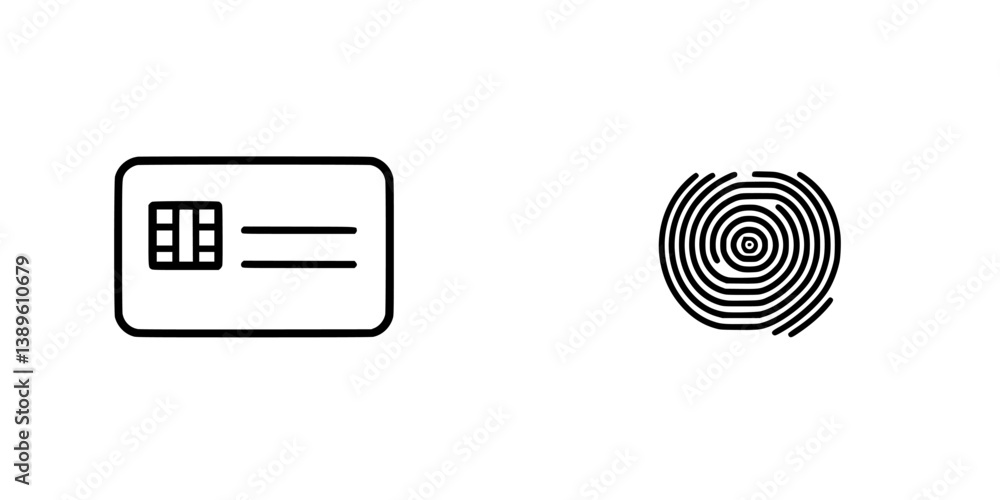 Poster collection of minimalist vector line icons representing credit card and fingerprint authentication