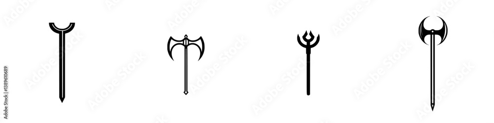 Poster set of minimalist line icons featuring various weapon designs suitable for digital graphics and illu