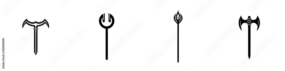 Poster collection of minimalist vector line icons featuring various types of spears and weapons in a simple
