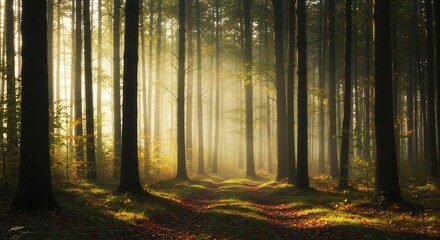 Obraz premium Golden sunlight filters through misty forest path. AI Generated